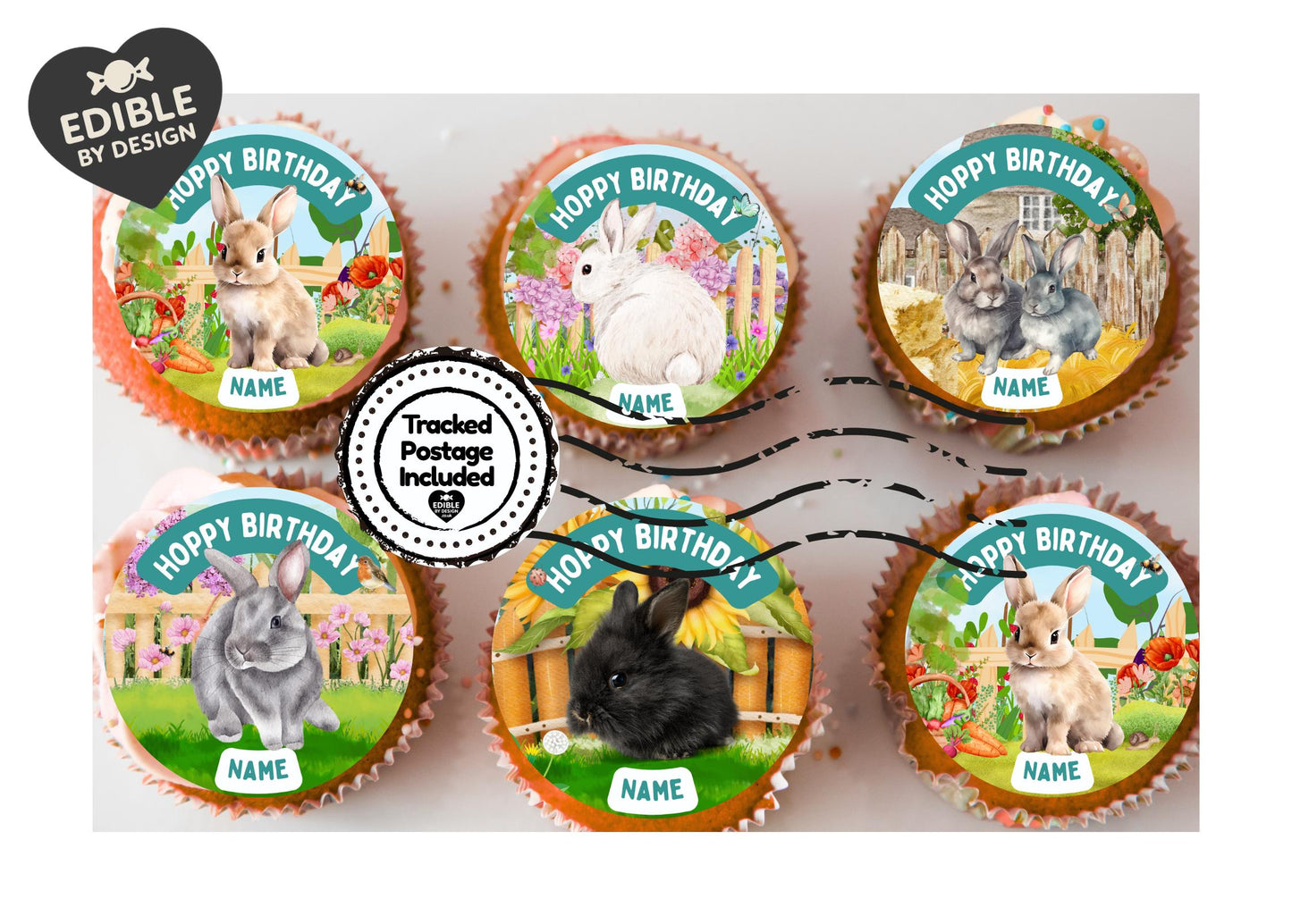 Personalised Rabbit Garden Cake Toppers: Edible Icing or Wafer matching Invitations Stickers Balloon Party Pack