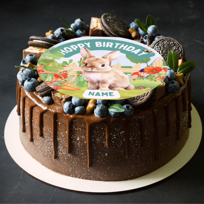 Personalised Rabbit Garden Cake Toppers: Edible Icing or Wafer matching Invitations Stickers Balloon Party Pack