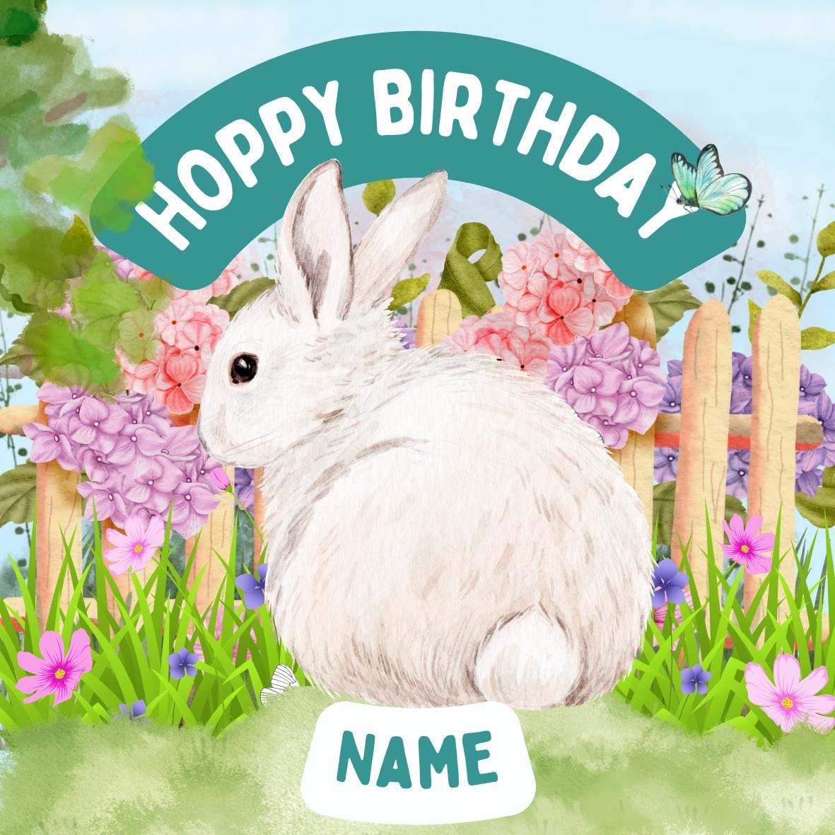 Personalised Rabbit Garden Cake Toppers: Edible Icing or Wafer matching Invitations Stickers Balloon Party Pack