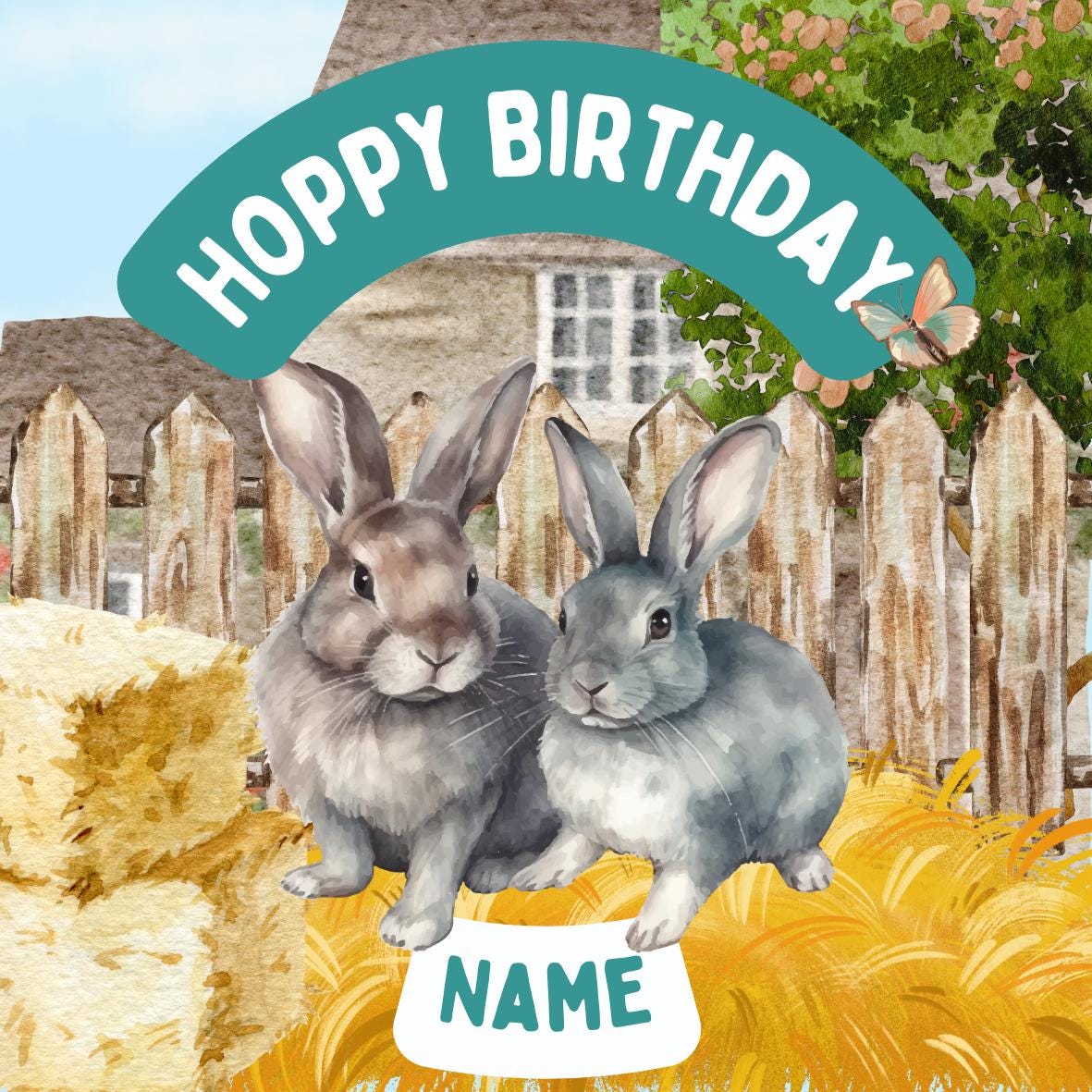 Personalised Rabbit Garden Cake Toppers: Edible Icing or Wafer matching Invitations Stickers Balloon Party Pack