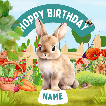 Personalised Rabbit Garden Cake Toppers: Edible Icing or Wafer matching Invitations Stickers Balloon Party Pack