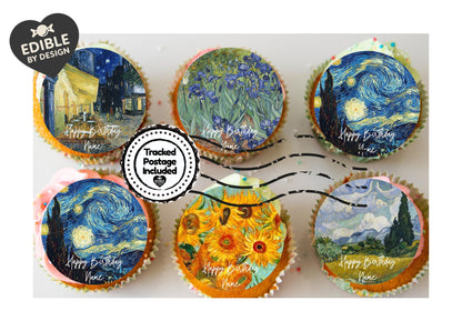Personalised Van Gogh Cake Toppers: Starry Night, Sunflowers - Edible Icing or Wafer - Also Stickers or Foil Balloon