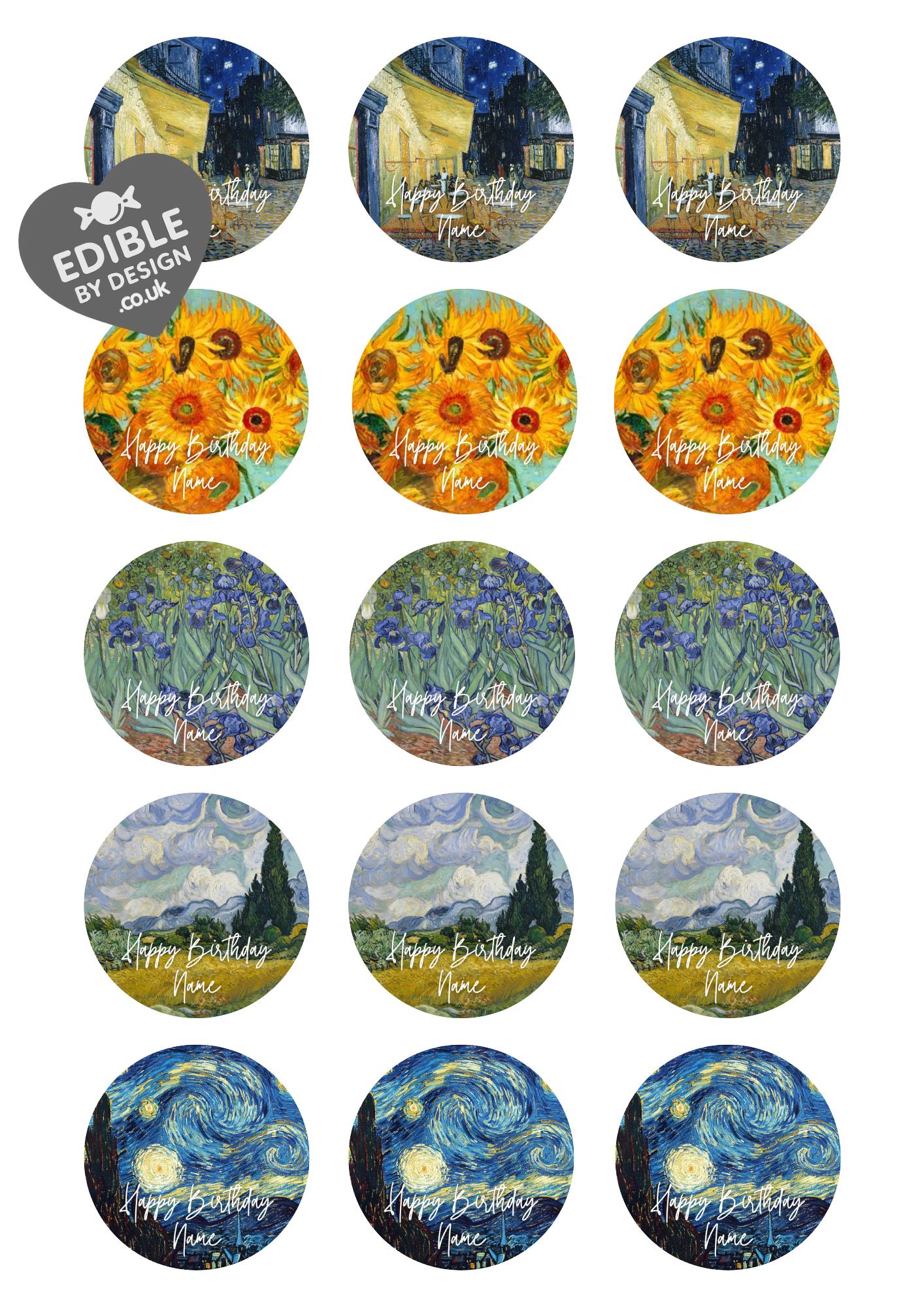 Personalised Van Gogh Cake Toppers: Starry Night, Sunflowers - Edible Icing or Wafer - Also Stickers or Foil Balloon