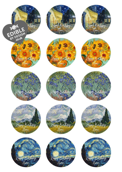 Personalised Van Gogh Cake Toppers: Starry Night, Sunflowers - Edible Icing or Wafer - Also Stickers or Foil Balloon