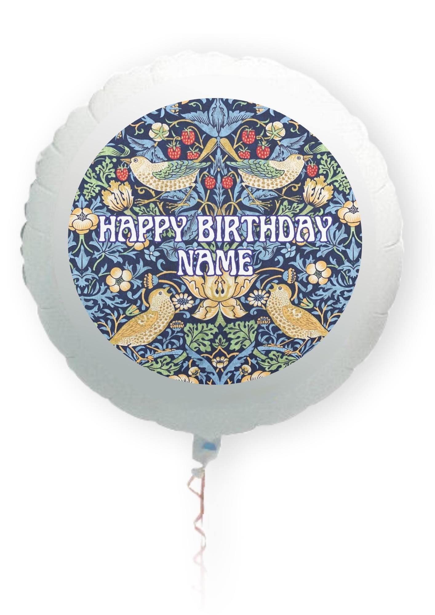 Personalised William Morris Design Cake Toppers: Edible Icing or Wafer, Stickers and Foil Balloon