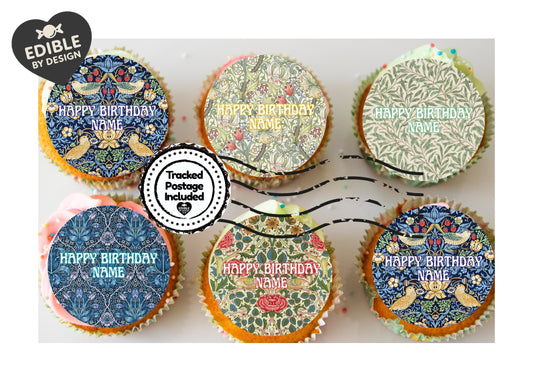 Personalised William Morris Design Cake Toppers: Edible Icing or Wafer, Stickers and Foil Balloon