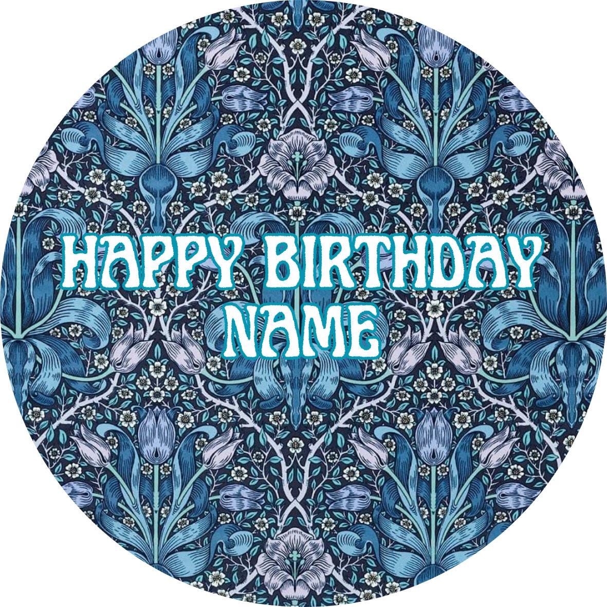 Personalised William Morris Design Cake Toppers: Edible Icing or Wafer, Stickers and Foil Balloon