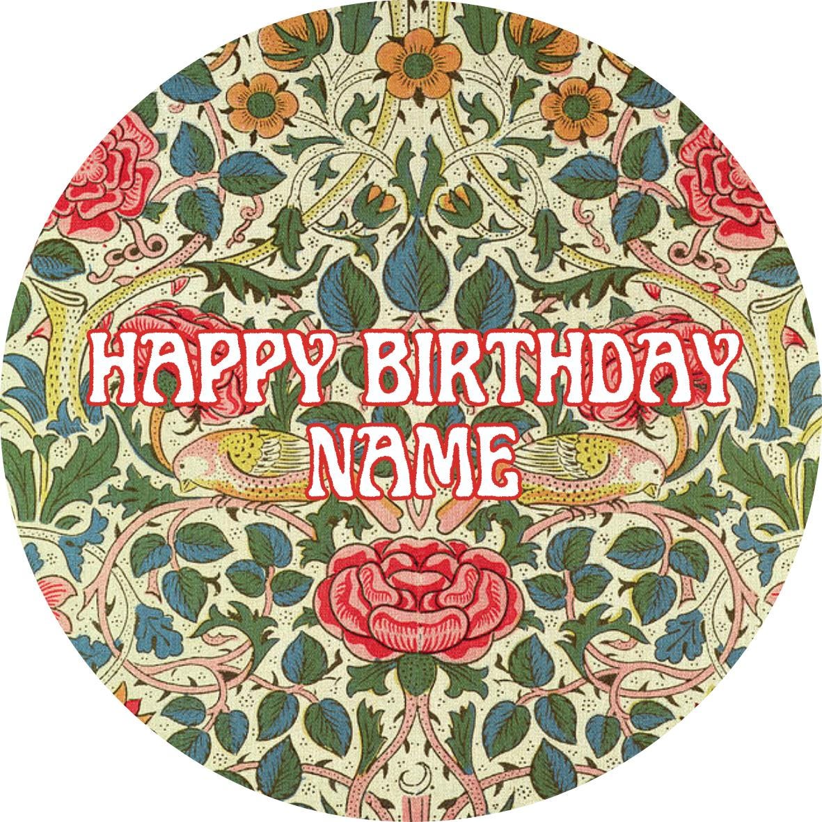 Personalised William Morris Design Cake Toppers: Edible Icing or Wafer, Stickers and Foil Balloon