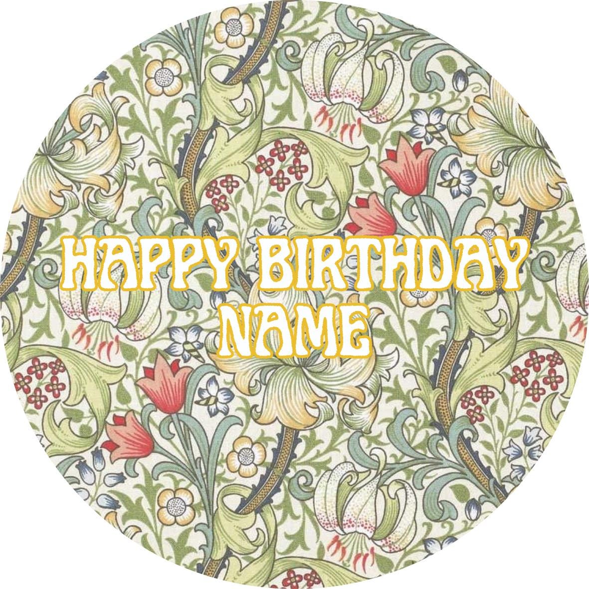 Personalised William Morris Design Cake Toppers: Edible Icing or Wafer, Stickers and Foil Balloon