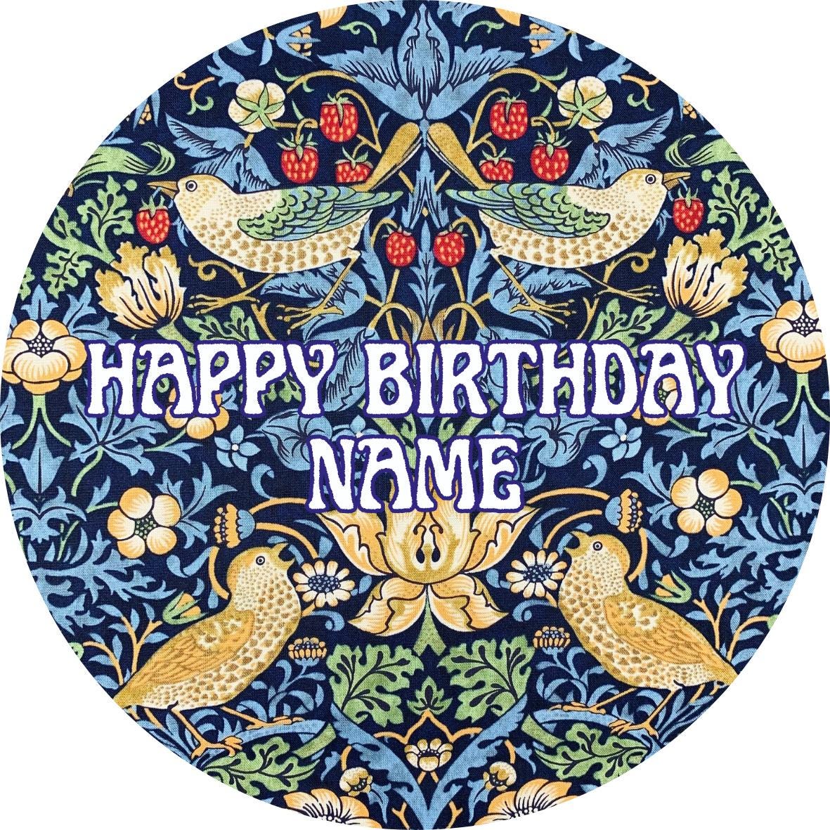 Personalised William Morris Design Cake Toppers: Edible Icing or Wafer, Stickers and Foil Balloon