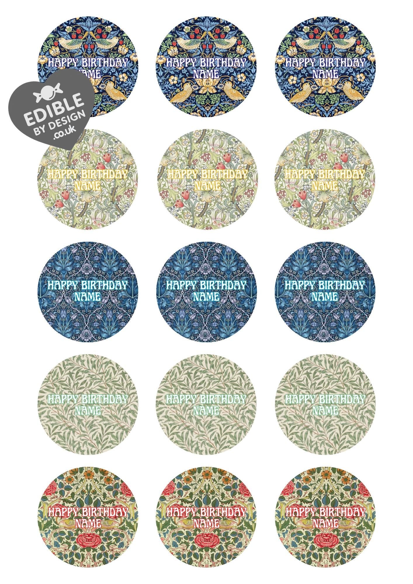 Personalised William Morris Design Cake Toppers: Edible Icing or Wafer, Stickers and Foil Balloon