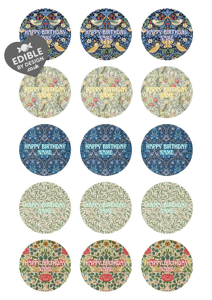 Personalised William Morris Design Cake Toppers: Edible Icing or Wafer, Stickers and Foil Balloon