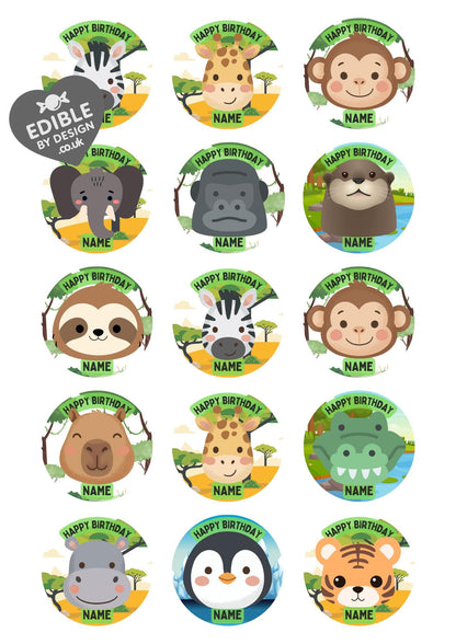 Personalised Zoo Animal Cake Toppers: Edible Birthday Party Decoration in Icing or Wafer matching Invitations Stickers Balloon Party Pack