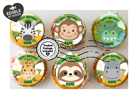 Personalised Zoo Animal Cake Toppers: Edible Birthday Party Decoration in Icing or Wafer matching Invitations Stickers Balloon Party Pack