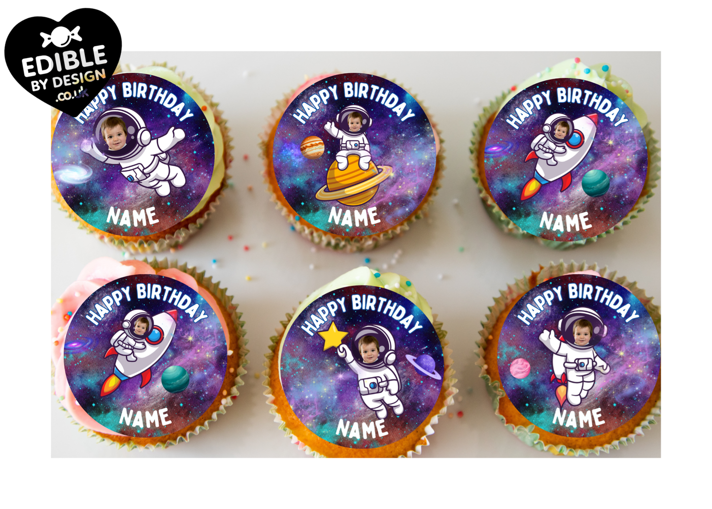 Your Photo Space Astronaut Theme Birthday Cake Toppers Edible Circles Personalised Name and Age Matching Stickers Balloon Invitations Pack