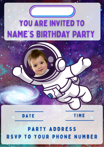 Your Photo Space Astronaut Theme Birthday Cake Toppers Edible Circles Personalised Name and Age Matching Stickers Balloon Invitations Pack