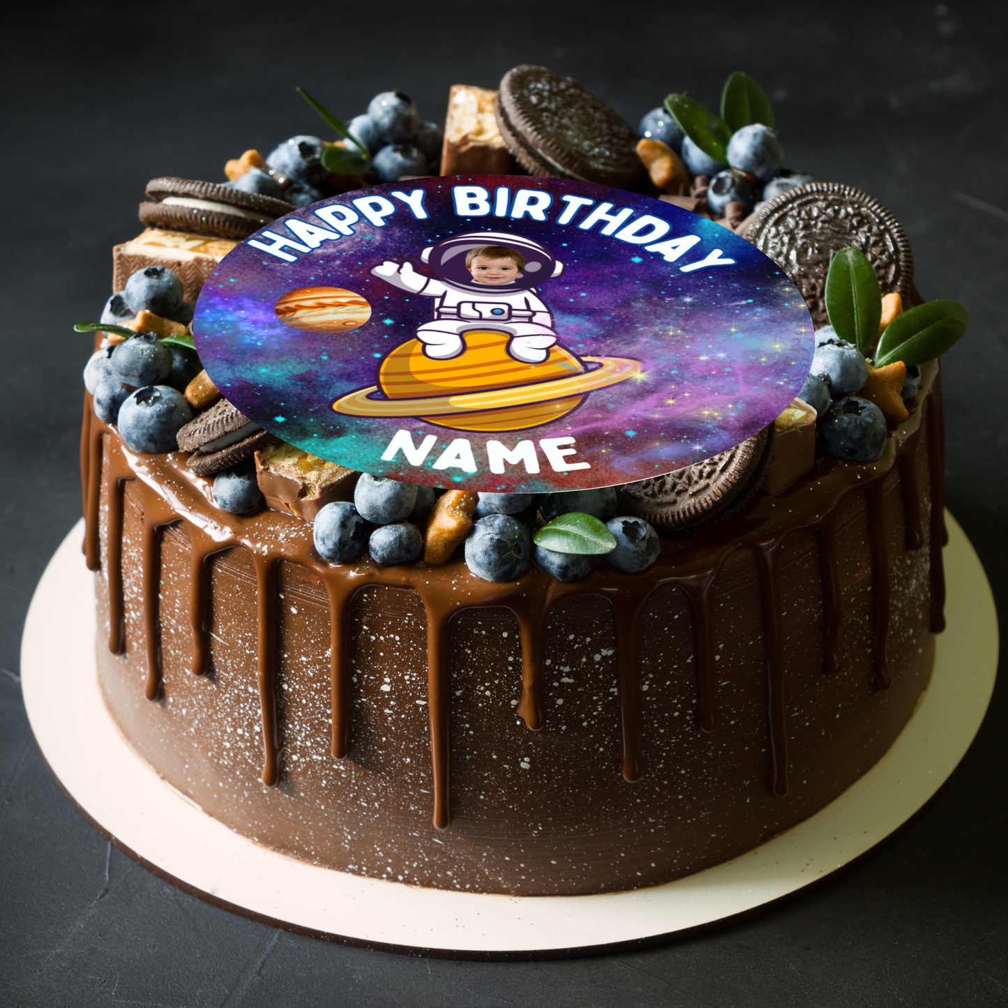 Your Photo Space Astronaut Theme Birthday Cake Toppers Edible Circles Personalised Name and Age Matching Stickers Balloon Invitations Pack