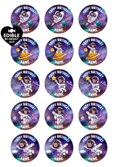 Your Photo Space Astronaut Theme Birthday Cake Toppers Edible Circles Personalised Name and Age Matching Stickers Balloon Invitations Pack