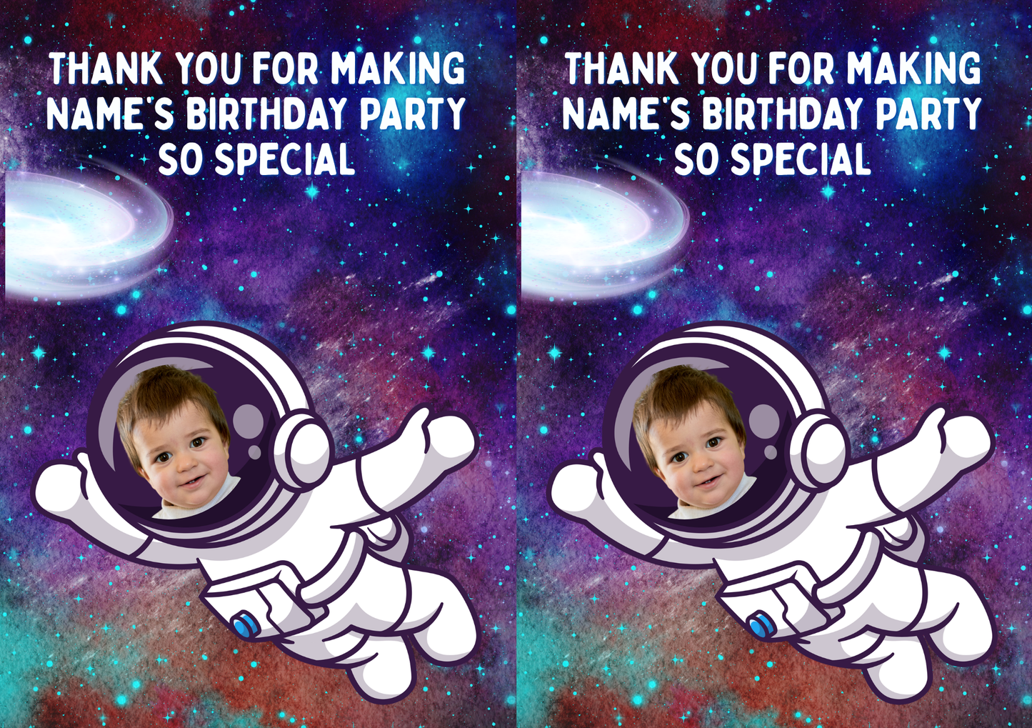Your Photo Space Astronaut Theme Birthday Cake Toppers Edible Circles Personalised Name and Age Matching Stickers Balloon Invitations Pack