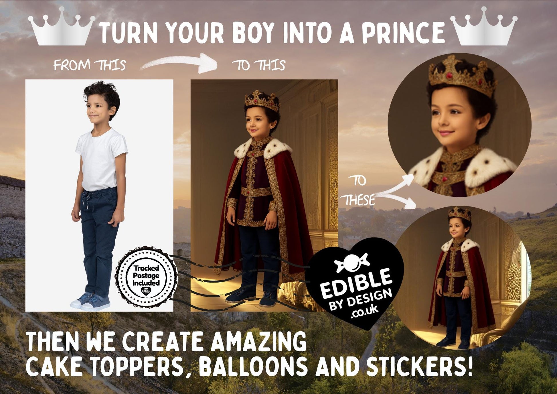 Photo Transformation Boy to Prince Personalised Cake Toppers: Edible Icing or Wafer matching Invitations Stickers Balloon Party Pack
