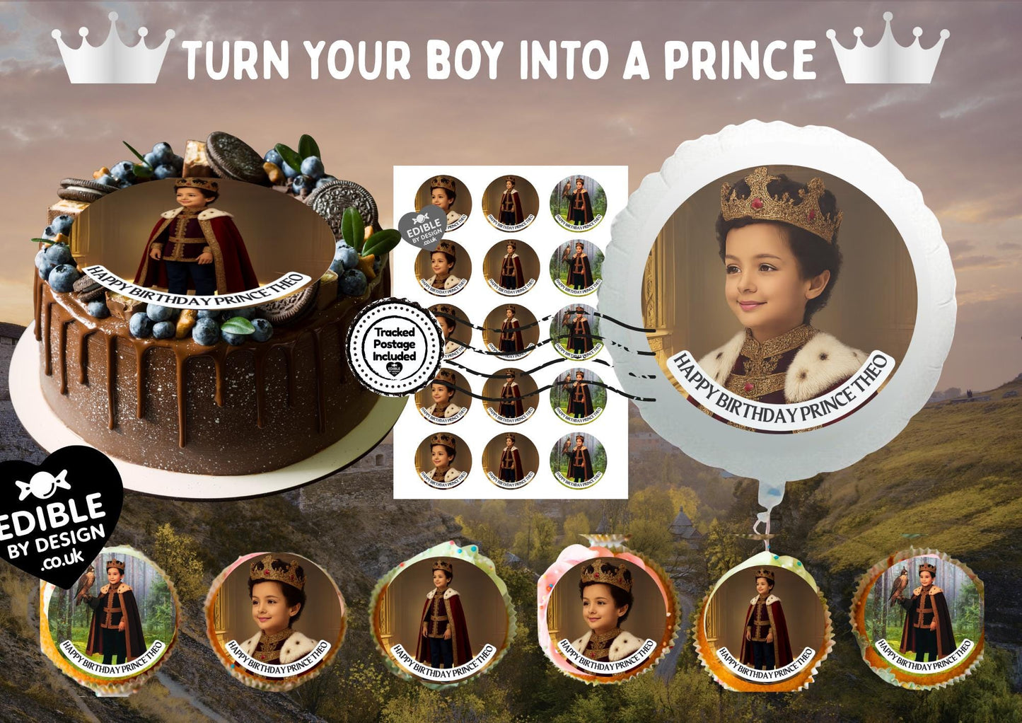 Photo Transformation Boy to Prince Personalised Cake Toppers: Edible Icing or Wafer matching Invitations Stickers Balloon Party Pack