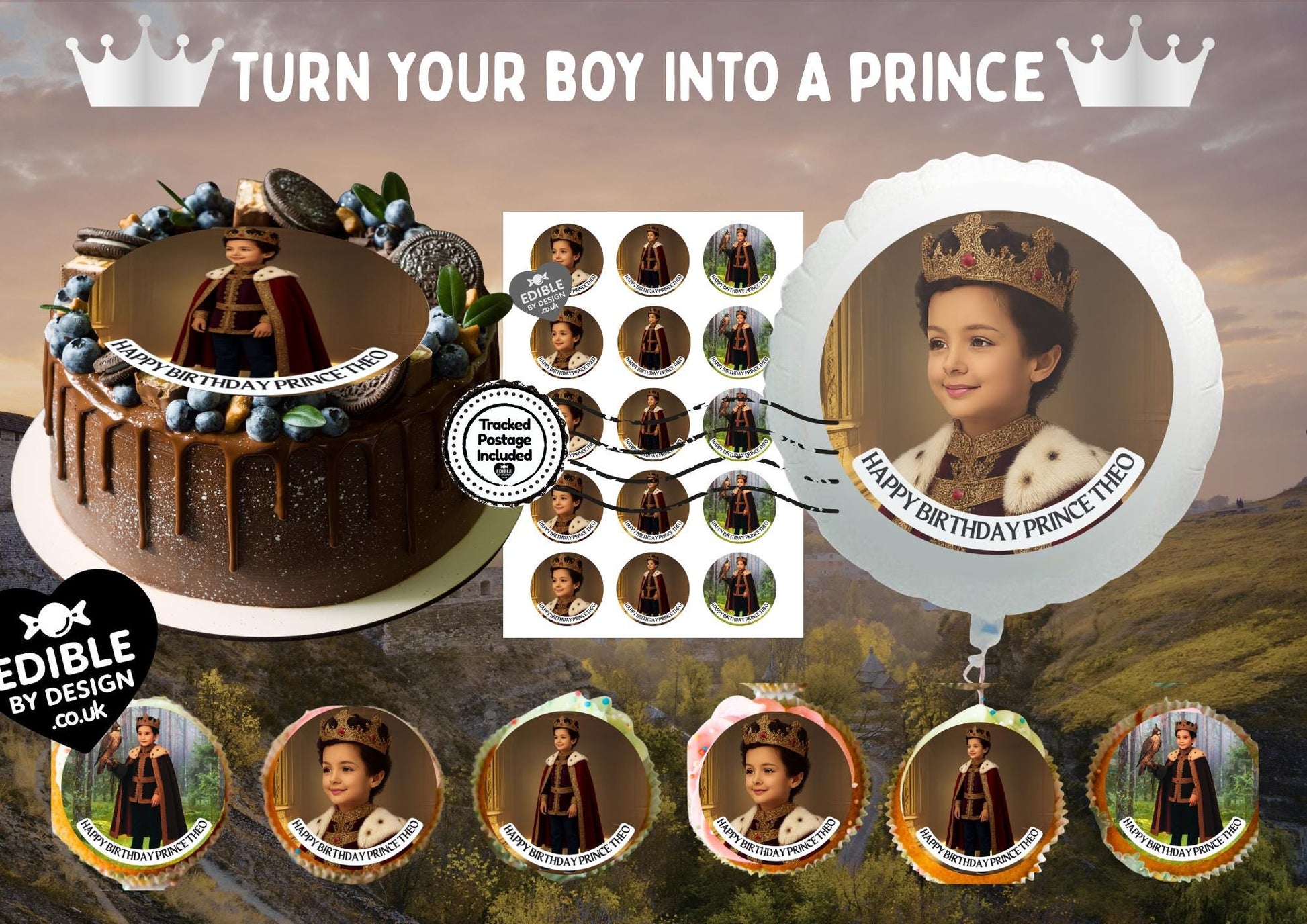 Photo Transformation Boy to Prince Personalised Cake Toppers: Edible Icing or Wafer matching Invitations Stickers Balloon Party Pack