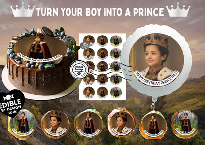 Photo Transformation Boy to Prince Personalised Cake Toppers: Edible Icing or Wafer matching Invitations Stickers Balloon Party Pack