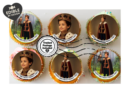 Photo Transformation Boy to Prince Personalised Cake Toppers: Edible Icing or Wafer matching Invitations Stickers Balloon Party Pack