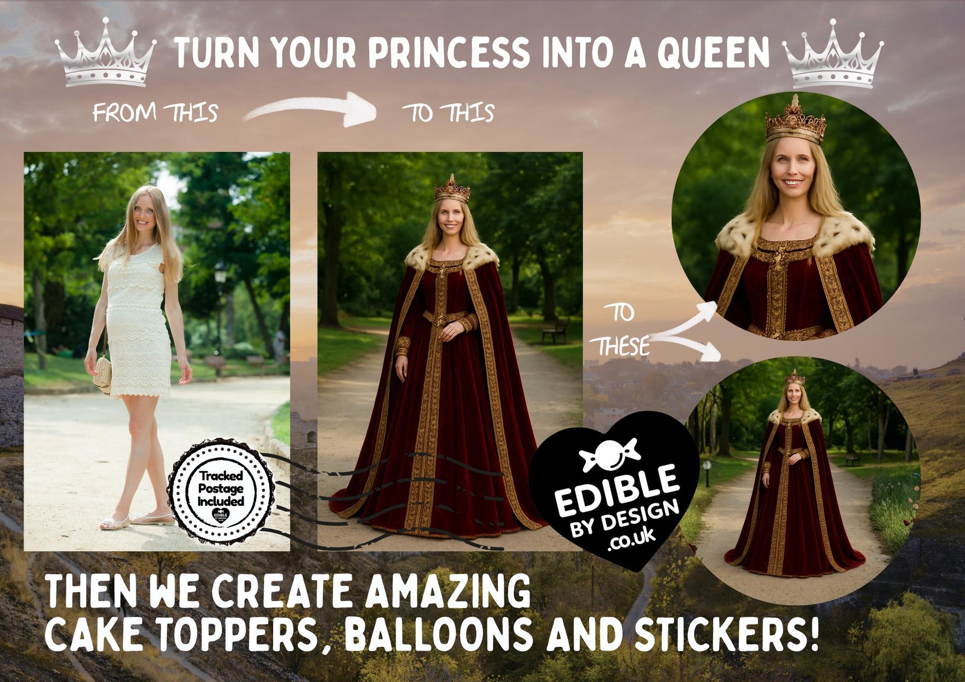 Photo Transformation Woman to Queen Personalised Cake Toppers: Edible Icing or Wafer, matching Stickers and Foil Balloon available