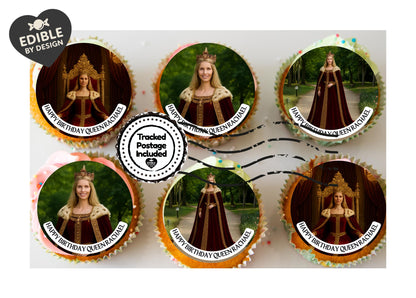 Photo Transformation Woman to Queen Personalised Cake Toppers: Edible Icing or Wafer, matching Stickers and Foil Balloon available