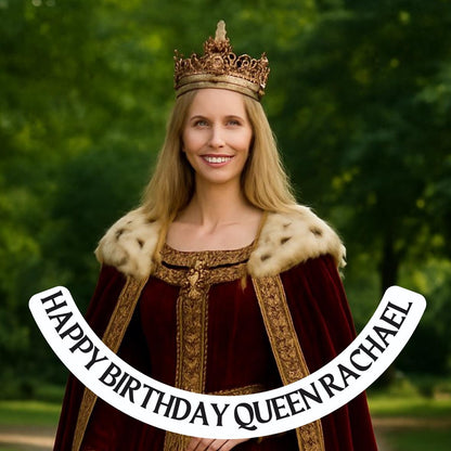Photo Transformation Woman to Queen Personalised Cake Toppers: Edible Icing or Wafer, matching Stickers and Foil Balloon available