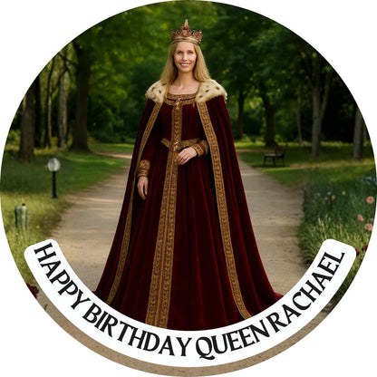 Photo Transformation Woman to Queen Personalised Cake Toppers: Edible Icing or Wafer, matching Stickers and Foil Balloon available