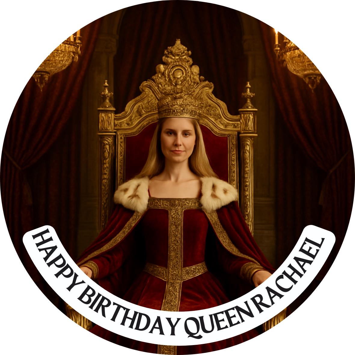 Photo Transformation Woman to Queen Personalised Cake Toppers: Edible Icing or Wafer, matching Stickers and Foil Balloon available
