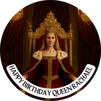 Photo Transformation Woman to Queen Personalised Cake Toppers: Edible Icing or Wafer, matching Stickers and Foil Balloon available