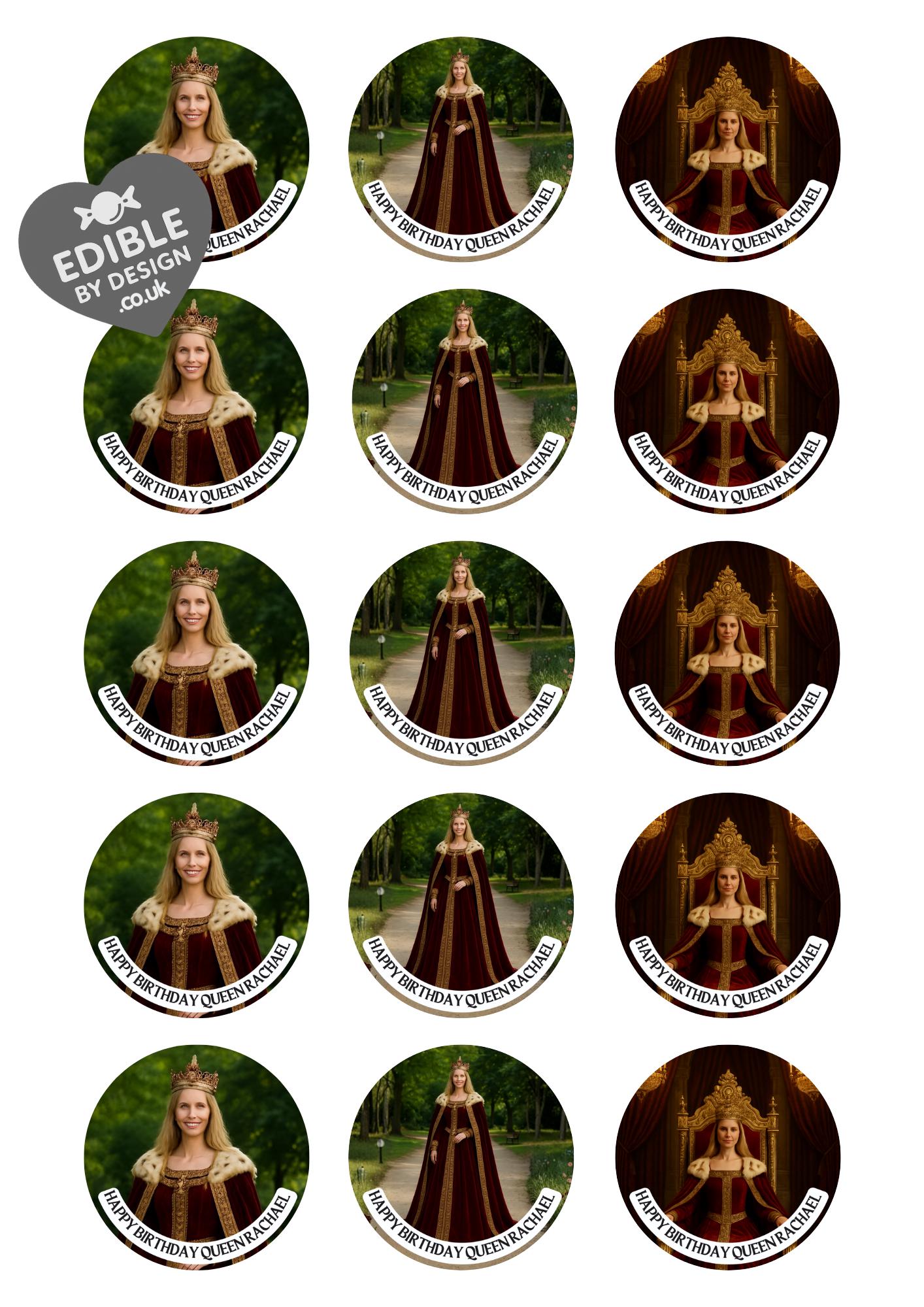 Photo Transformation Woman to Queen Personalised Cake Toppers: Edible Icing or Wafer, matching Stickers and Foil Balloon available