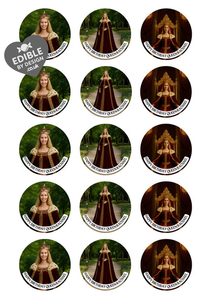 Photo Transformation Woman to Queen Personalised Cake Toppers: Edible Icing or Wafer, matching Stickers and Foil Balloon available