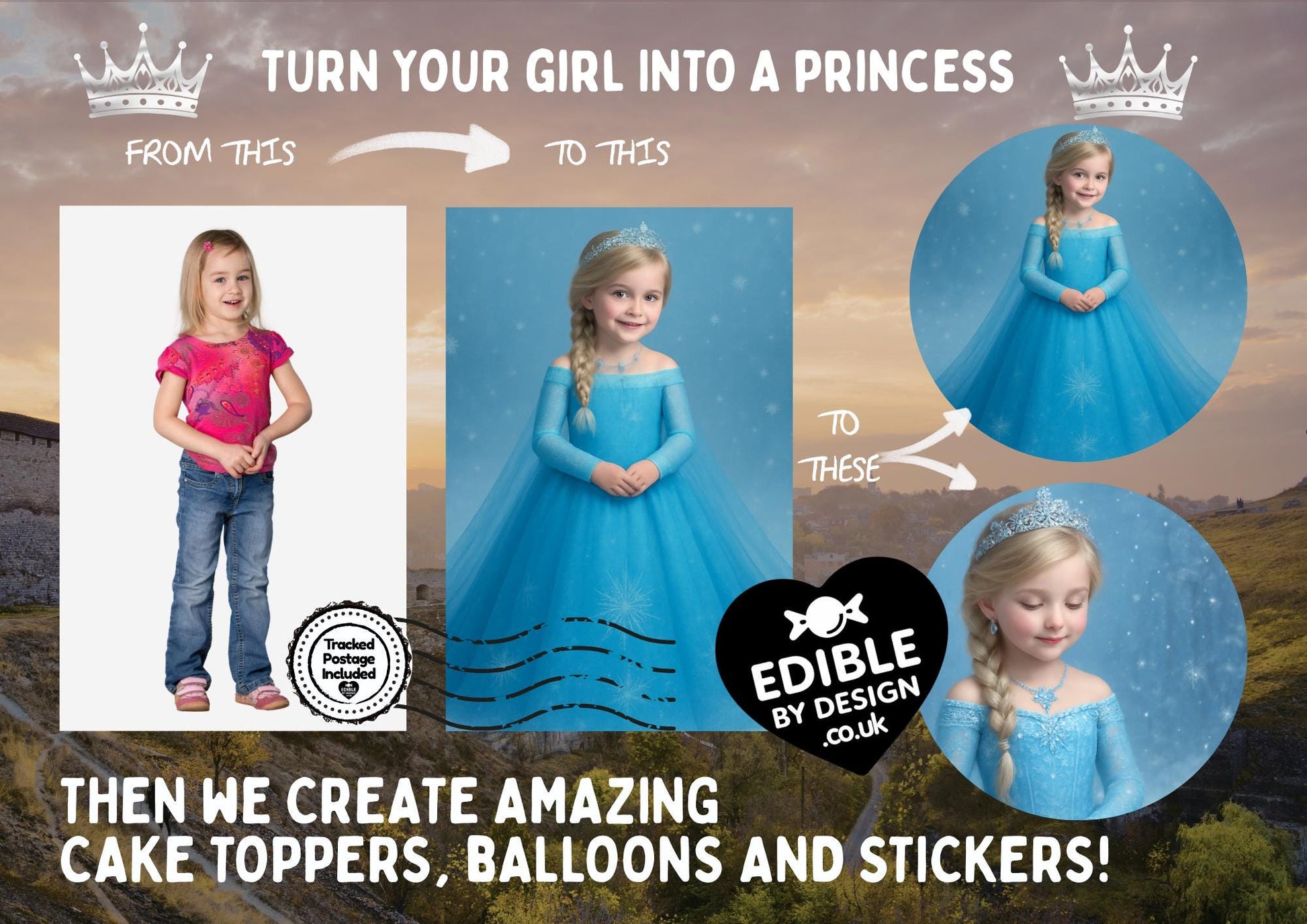 Photo Transformation to Ice Princess Personalised Cake Toppers: Edible Icing or Wafer matching Invitations Stickers Balloon Party Pack