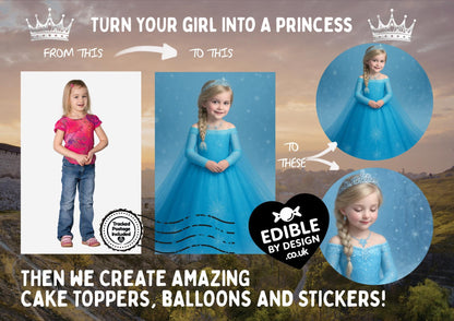 Photo Transformation to Ice Princess Personalised Cake Toppers: Edible Icing or Wafer matching Invitations Stickers Balloon Party Pack
