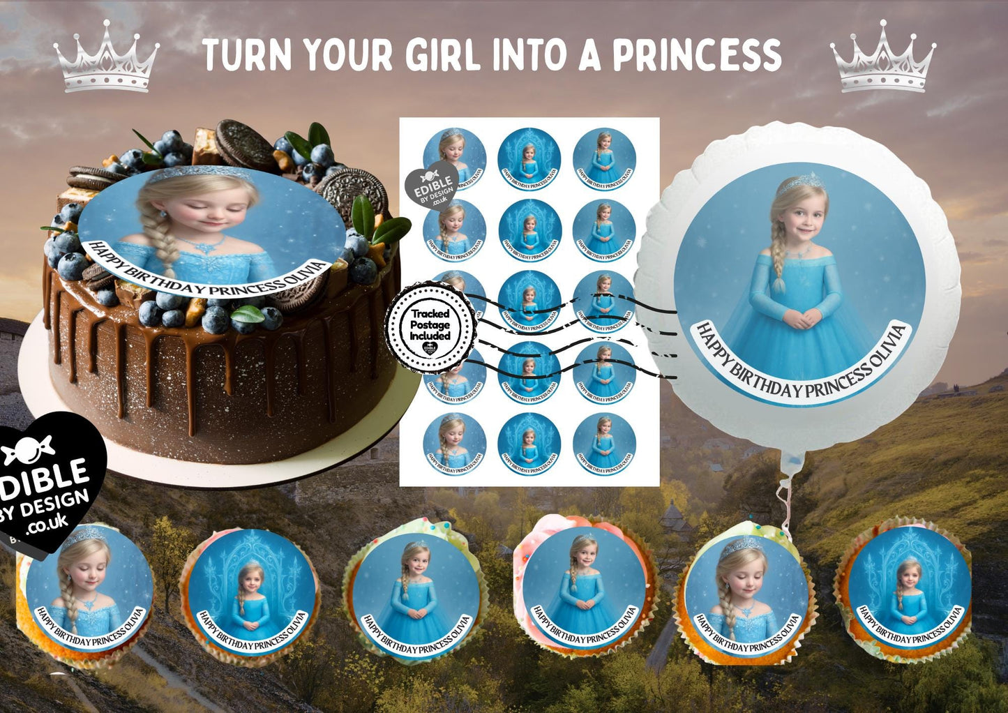 Photo Transformation to Ice Princess Personalised Cake Toppers: Edible Icing or Wafer matching Invitations Stickers Balloon Party Pack