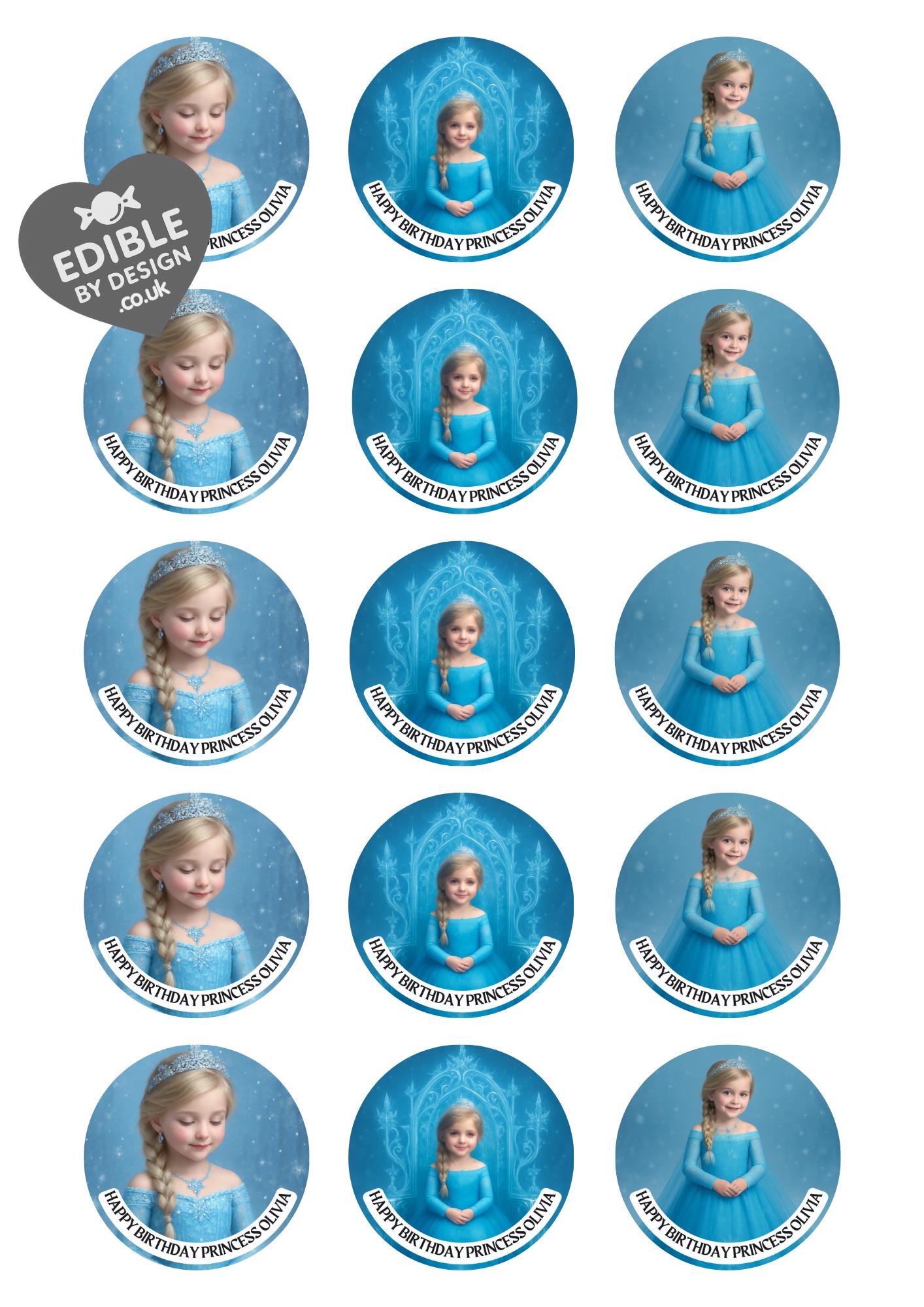 Photo Transformation to Ice Princess Personalised Cake Toppers: Edible Icing or Wafer matching Invitations Stickers Balloon Party Pack