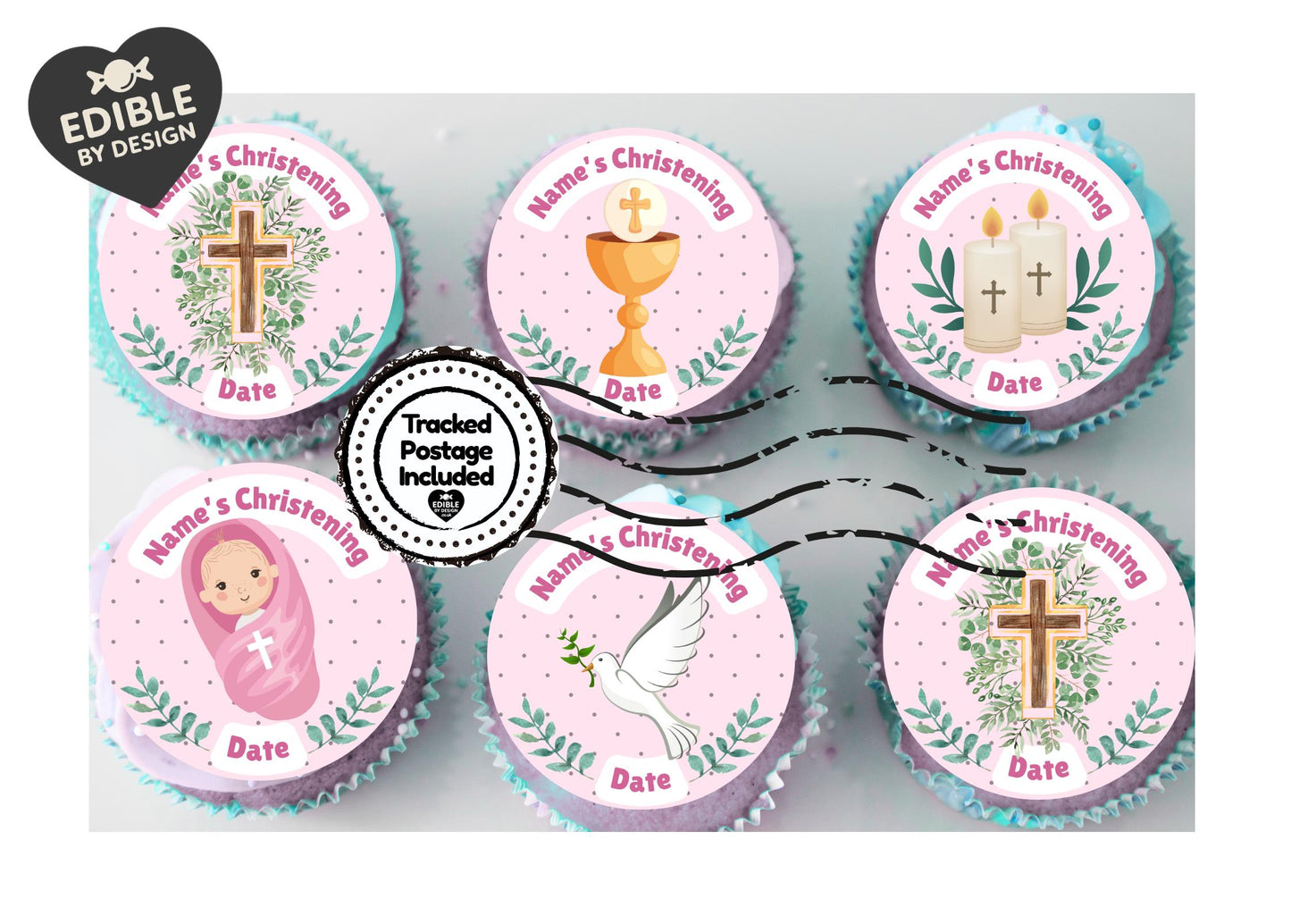 Pink Christening Cake Toppers Edible icing or wafer printed with edible ink matching Invitations Stickers Balloon Party Pack