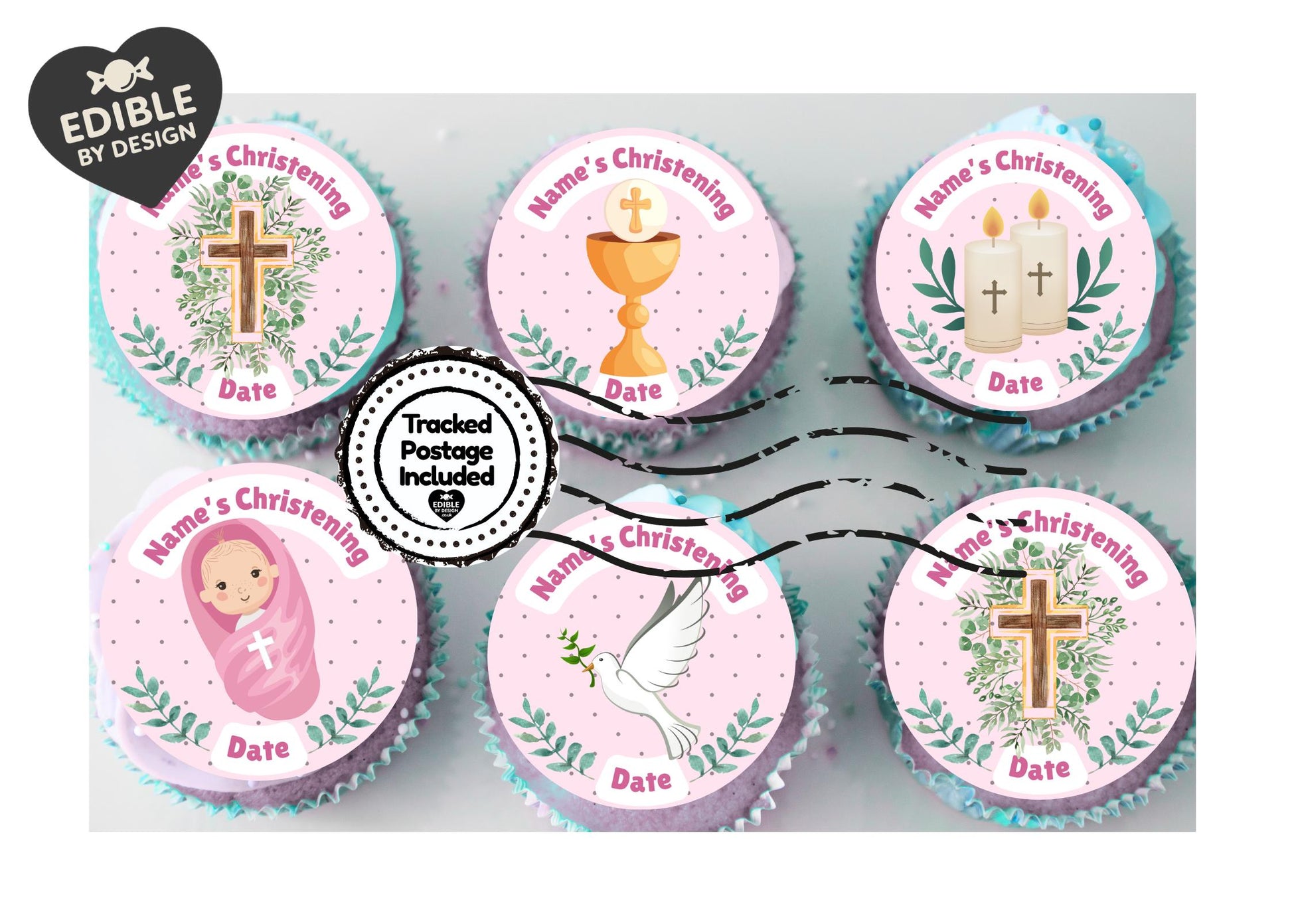 Pink Christening Cake Toppers Edible icing or wafer printed with edible ink matching Invitations Stickers Balloon Party Pack