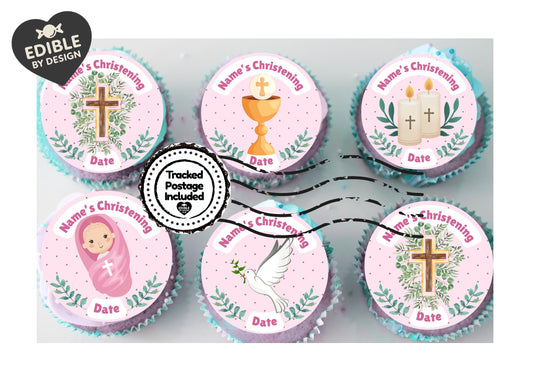 Pink Christening Cake Toppers Edible icing or wafer printed with edible ink matching Invitations Stickers Balloon Party Pack