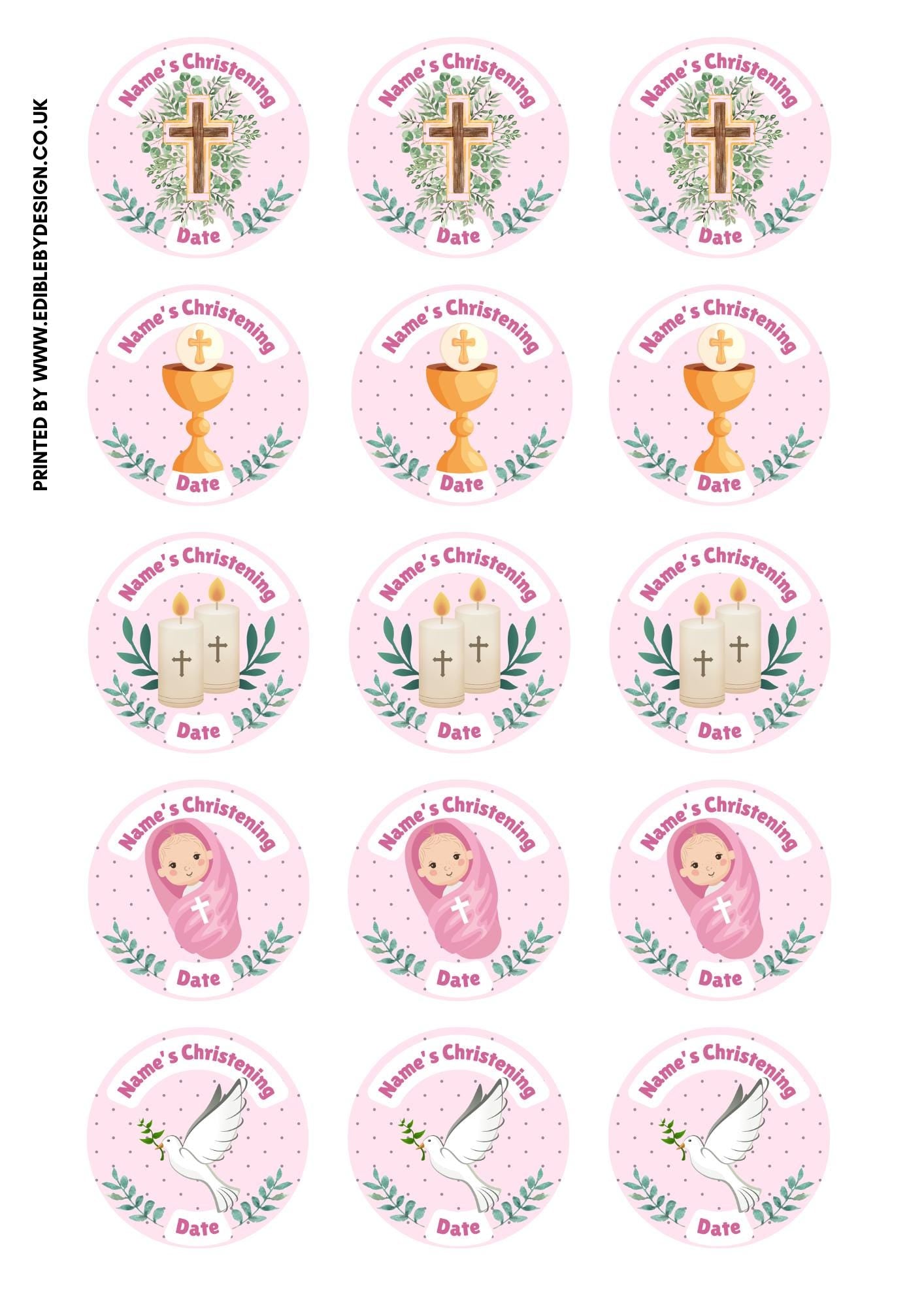 Pink Christening Cake Toppers Edible icing or wafer printed with edible ink matching Invitations Stickers Balloon Party Pack
