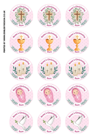 Pink Christening Cake Toppers Edible icing or wafer printed with edible ink matching Invitations Stickers Balloon Party Pack