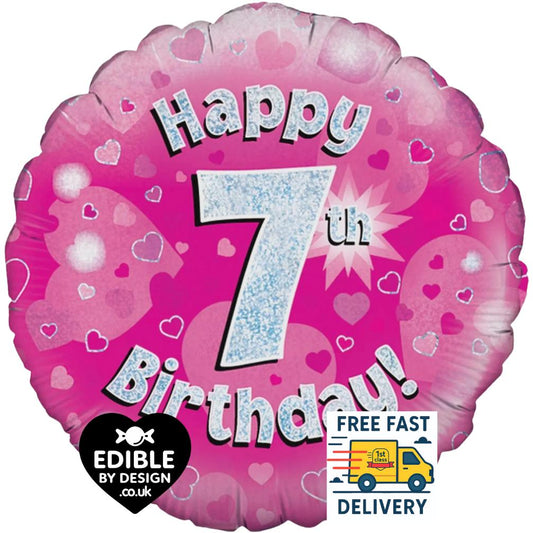 Pink Foil Happy 7th Birthday Balloon - Oaktree UK - 18" round Balloon for Helium or Air
