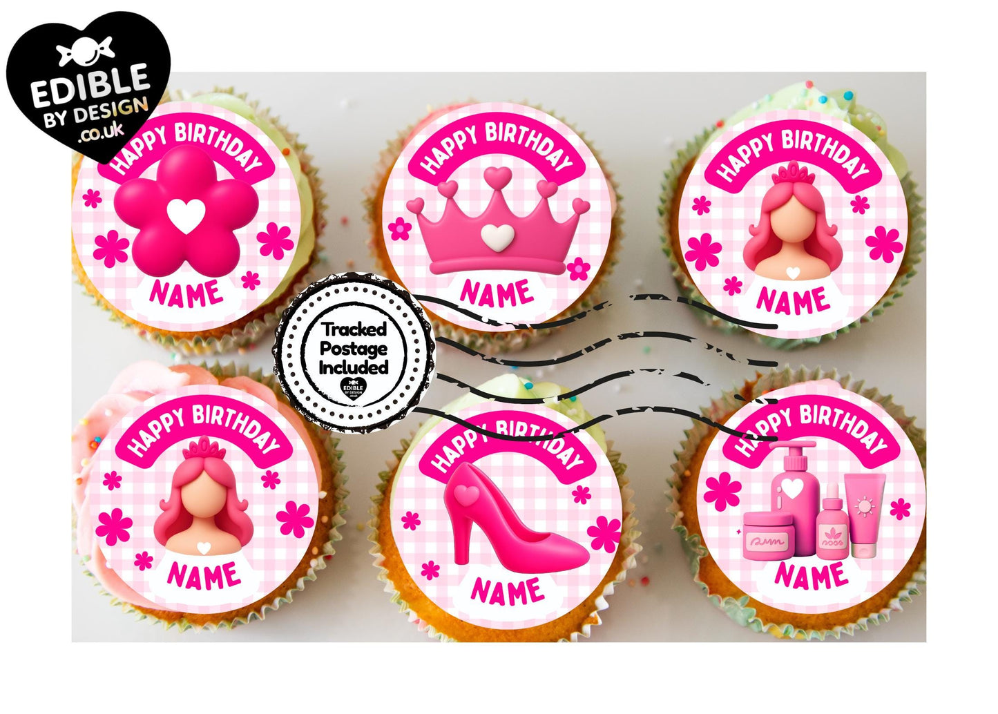 Pink Girl Theme Cupcake Toppers: Edible Icing or Wafer matching Invitations Stickers Balloon Party Pack