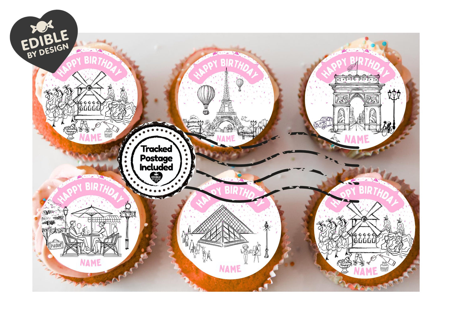 Pink Paris Theme Birthday Cake Toppers Edible Eiffel Tower Arc de Triomphe Moulin Rouge