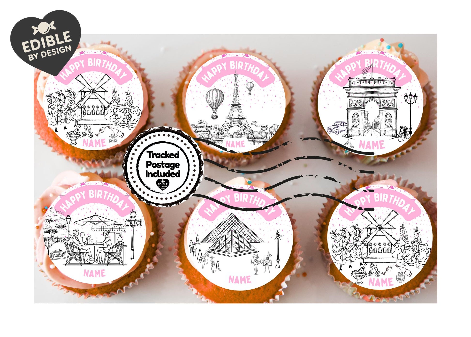 Pink Paris Theme Birthday Cake Toppers Edible Eiffel Tower Arc de Triomphe Moulin Rouge