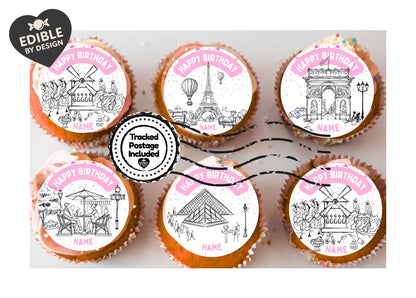 Pink Paris Theme Birthday Cake Toppers Edible Eiffel Tower Arc de Triomphe Moulin Rouge